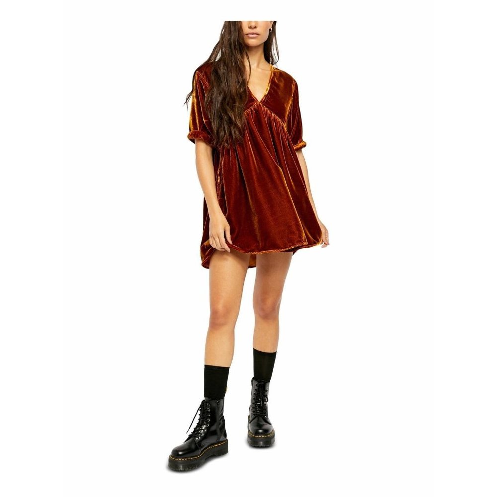 New FREE PEOPLE Large Ivy Dress Gold Velvet 3/4 Sl